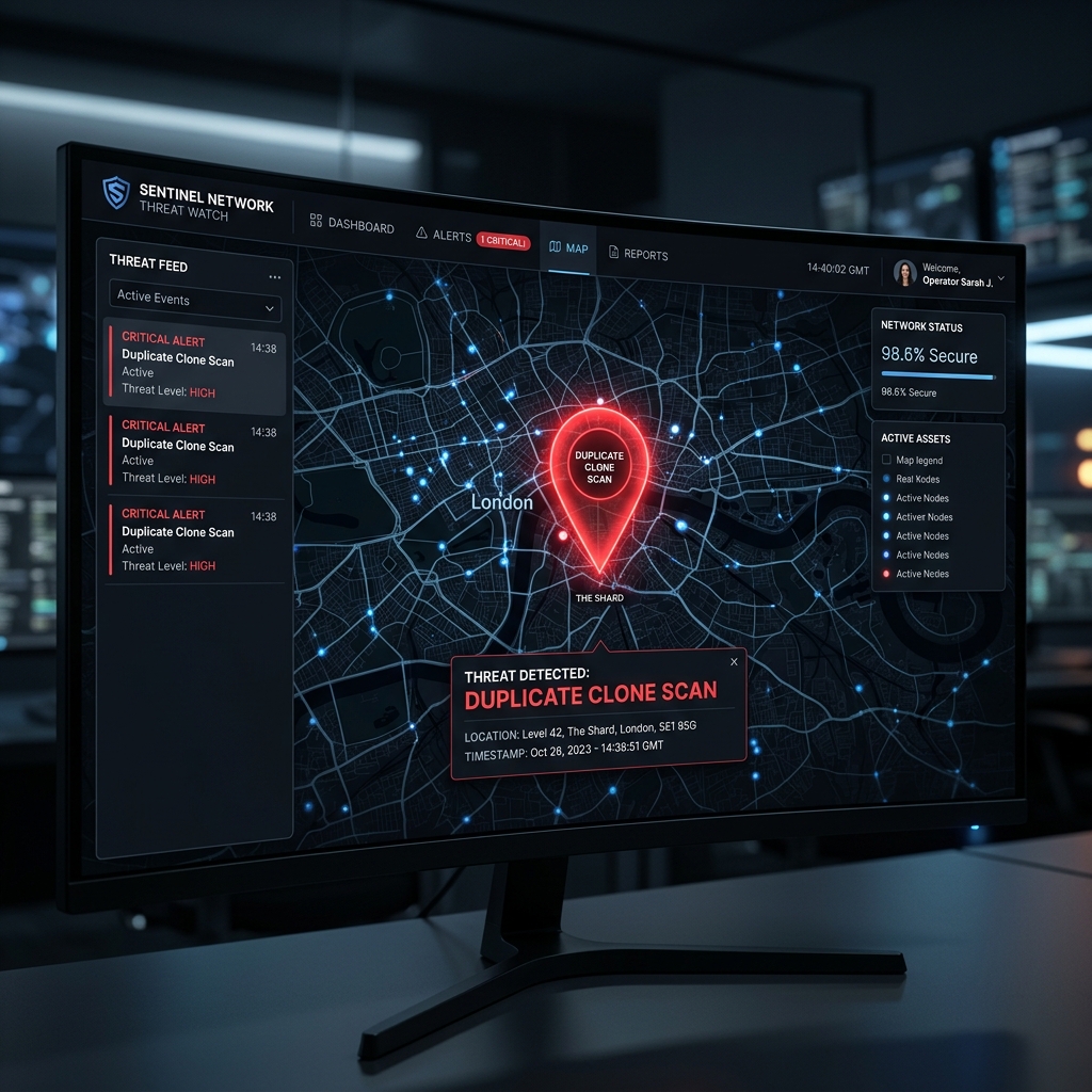 Geo-tagged clone detection dashboard showing duplicate scan alert