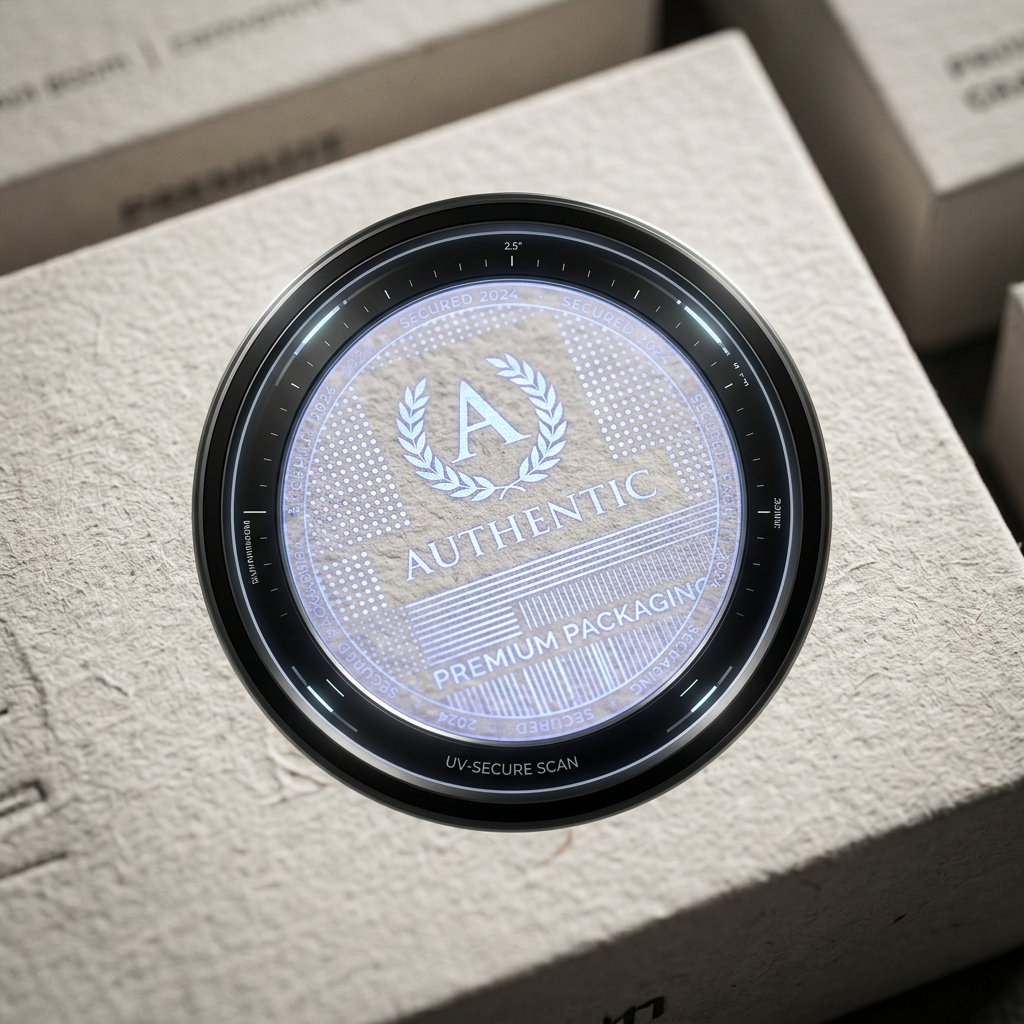 AI forensic watermark micro-pattern on packaging under magnification